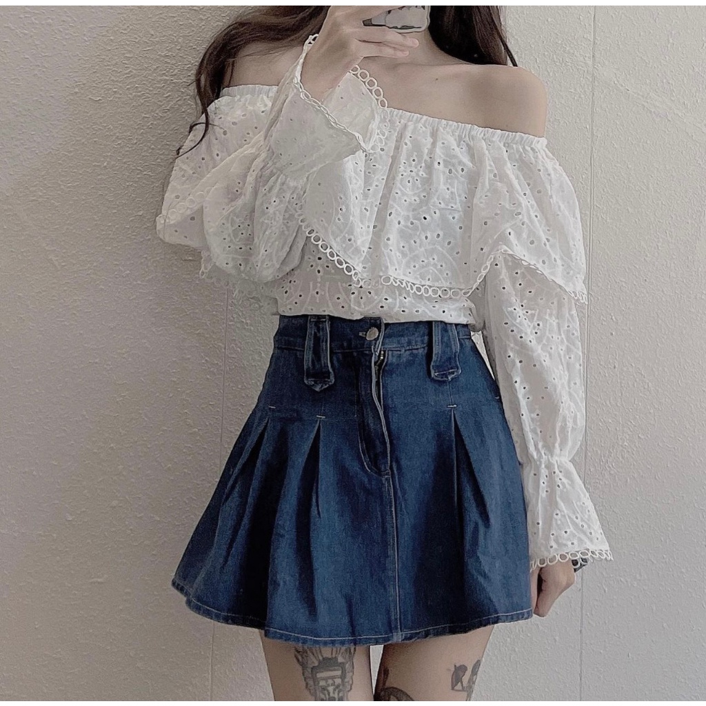 Set bộ nữ áo trắng ren xô hoa bẹt vai kèm chân váy jean Hari Fashion - BT275 HR