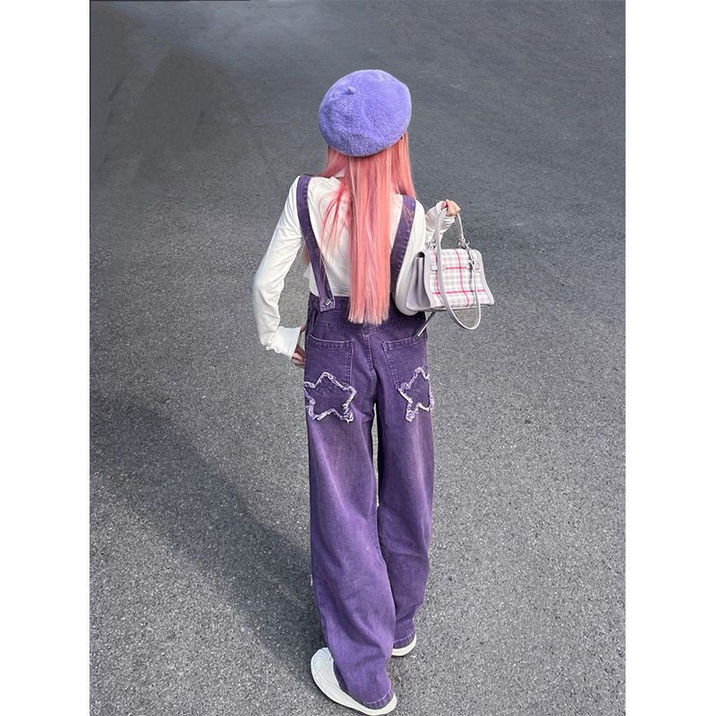 * * Qu n Y m * Áo Liền Quần Denim Ống Rộng Lưng Cao Màu Tím Phong Cách Retro Mỹ Mùa Thu Cỡ Lớn Dành Cho Nữ