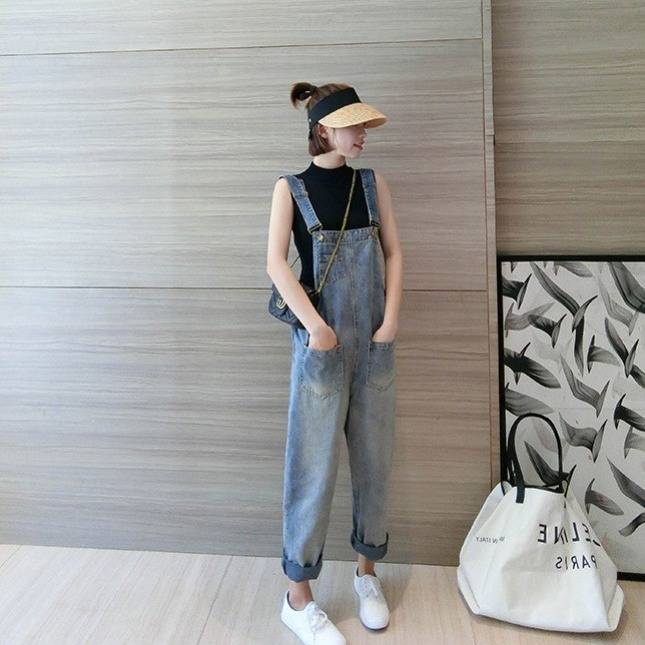 * Qu * Qu n Y m Quần Yếm Denim Dáng Rộng Dài Tới Mắt Cá Chân Phong Cách Hàn Quốc Thời Trang Xuân Thu Phổ Biến