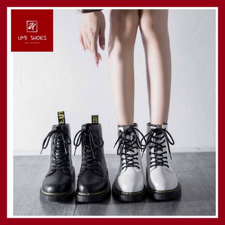 Giày bốt Martins phong cách ulzzang cao cổ 14cm đế dày cao buộc dây đen/trắng cá tí