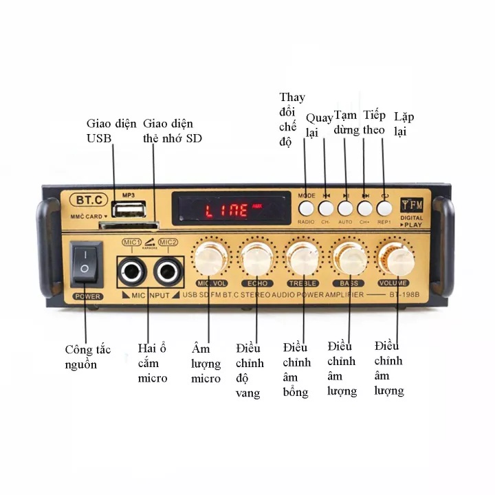 Amply karaoke gia đình KAW Bluetooth BT-298A Công Suất 2 Kênh 600W