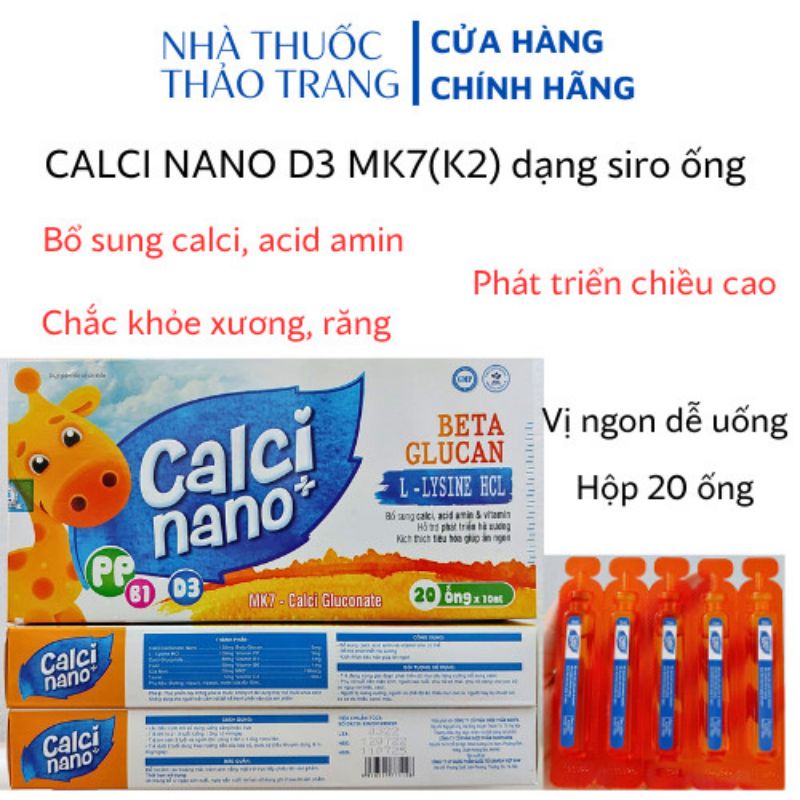 Siro Canxi ống CALCI NANO +vitamin D3 &amp; K2 MK7, sữa non cho bé giúp ăn ngon, phát triển hệ xương