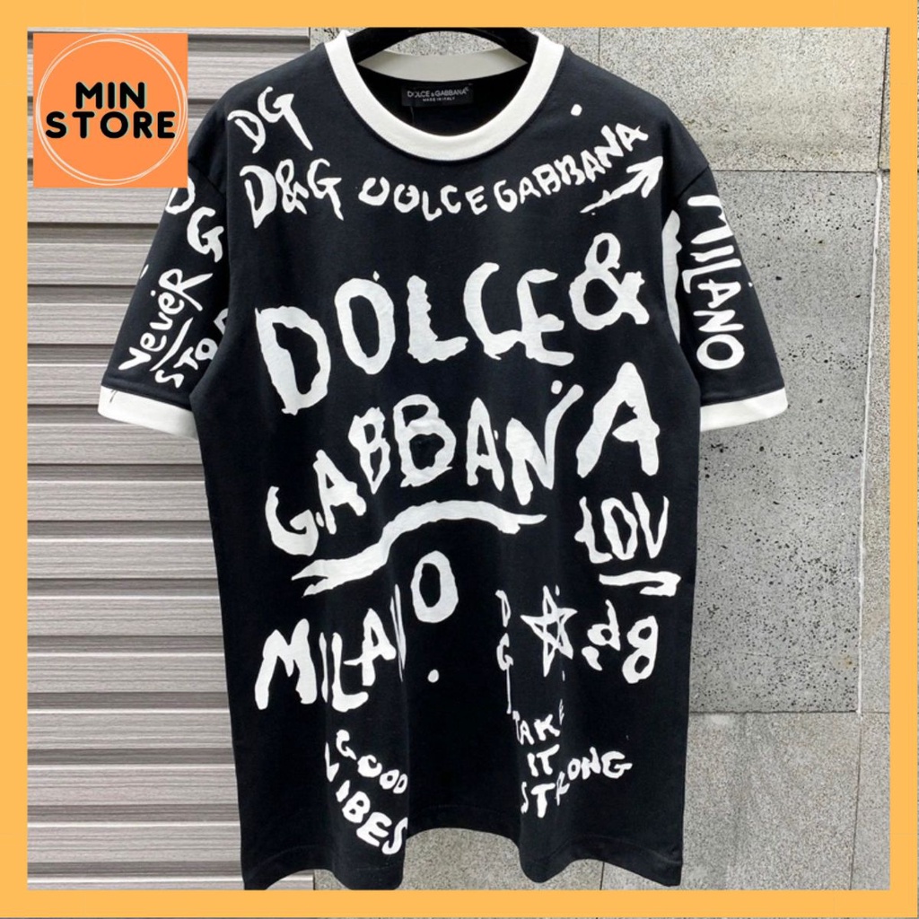 Áo Phông Nam Nữ Dolce Vải Cotton In Chữ Đen Trắng DG Milano Quanh Áo Cổ Bo Chun Siêu Đẹp 2023