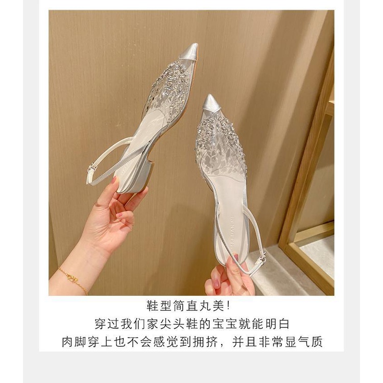 Giày Búp Bê Mũi Nhọn Đế Thấp Quai Trong Suốt Đính Đá Thời Trang Mùa Hè 2022 Cho Nữ