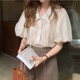 Áo sơ mi SUXI tay phồng ngắn dáng rộng màu sắc đơn giản thời trang mùa hè xinh xắn cho nữ - Hàng mới về