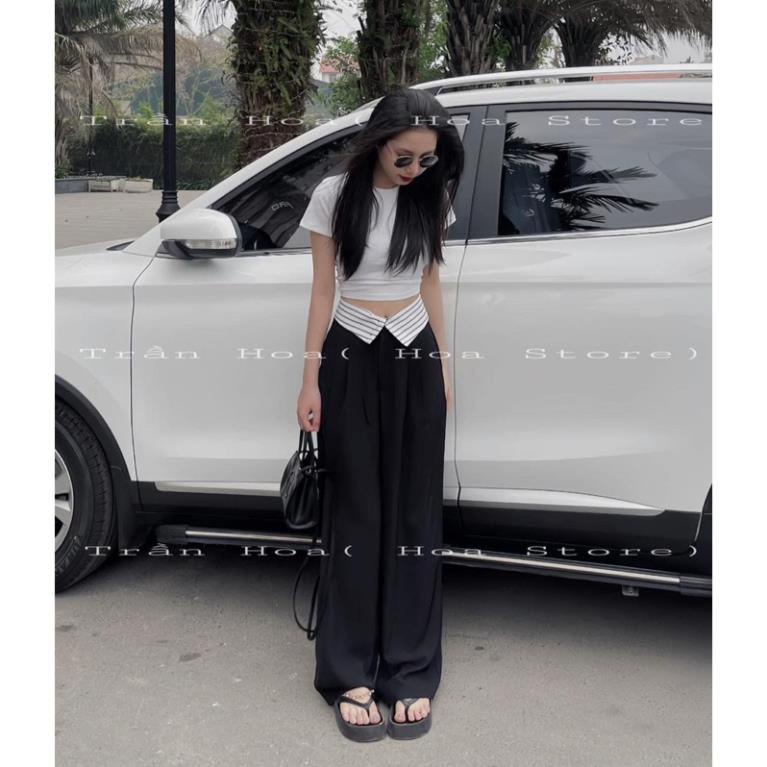 Set áo croptop trắng tay ngắn kèm quần suông culottes đen lai lật kẻ sọc vani