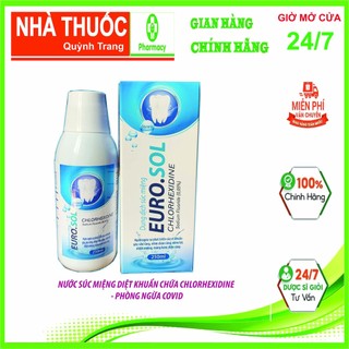 Euro. Sol Chlorhexidine 0,2% Lọ 250 ml .Nước súc miệng thành phần Chlohexidin diệt khuẩn, bảo vệ răng miệng