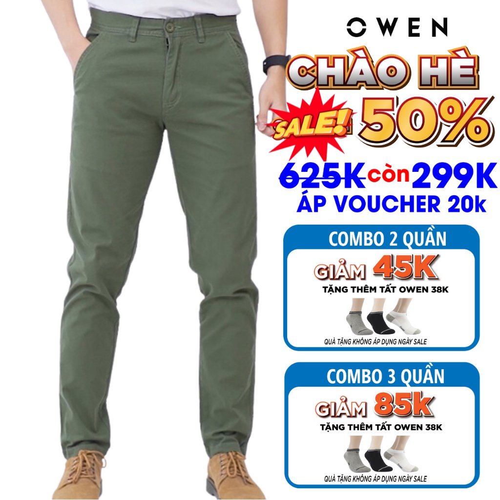 Quần kaki nam OWEN chuẩn hãng màu rêu, chất kaki cotton dày dặn, cao cấp, co giãn, form đứng dáng slimfit nhẹ trẻ trung