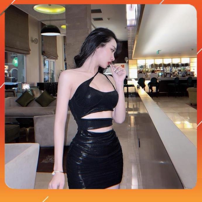 Váy Body Sexy Dây Chéo Siêu Ôm, Đầm Bó Sát Khoét EoVải Da Thun Bóng Co Dãn Tốt 3 Màu Đen Trắng Bạc