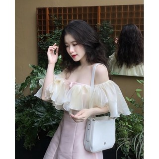 Váy Tacta Hồng Trễ Vai Bèo Nơ Siêu Xinh, Đầm Nữ Bánh Bèo Tiểu Thư