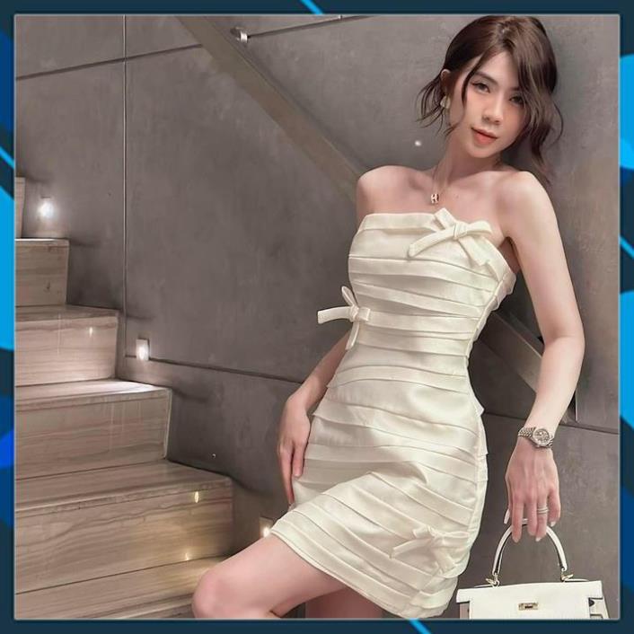 Váy Tafta Cúp hai dây Nơ Dự Tiệc Sang Chảnh , Đầm Dự Tiệc Quây Ngực Dáng Ngắn Ôm Body Màu Đen Trắng