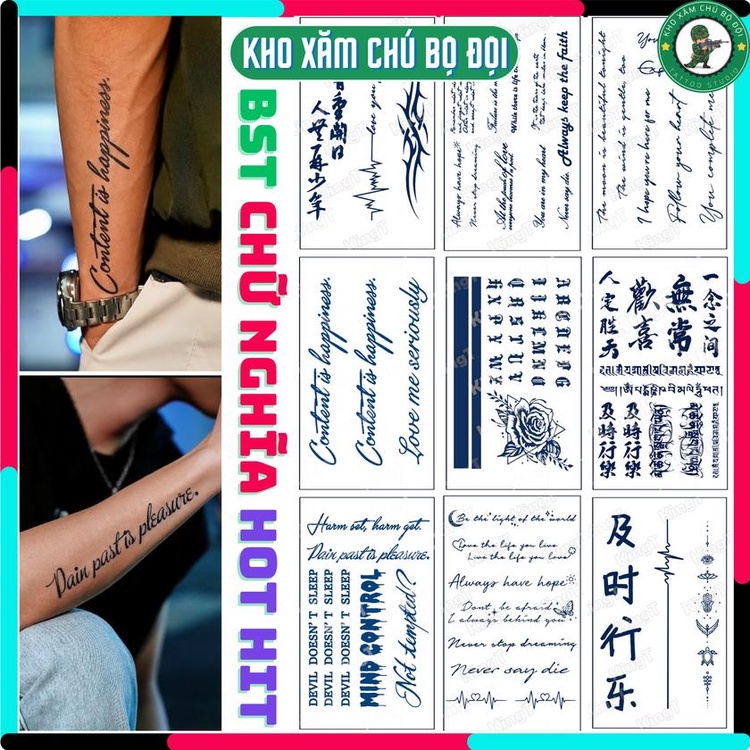 BST hình xăm CHỮ Ý NGHĨA về tình yêu và cuộc đời, full tờ size S và M kích thước 11x18cm