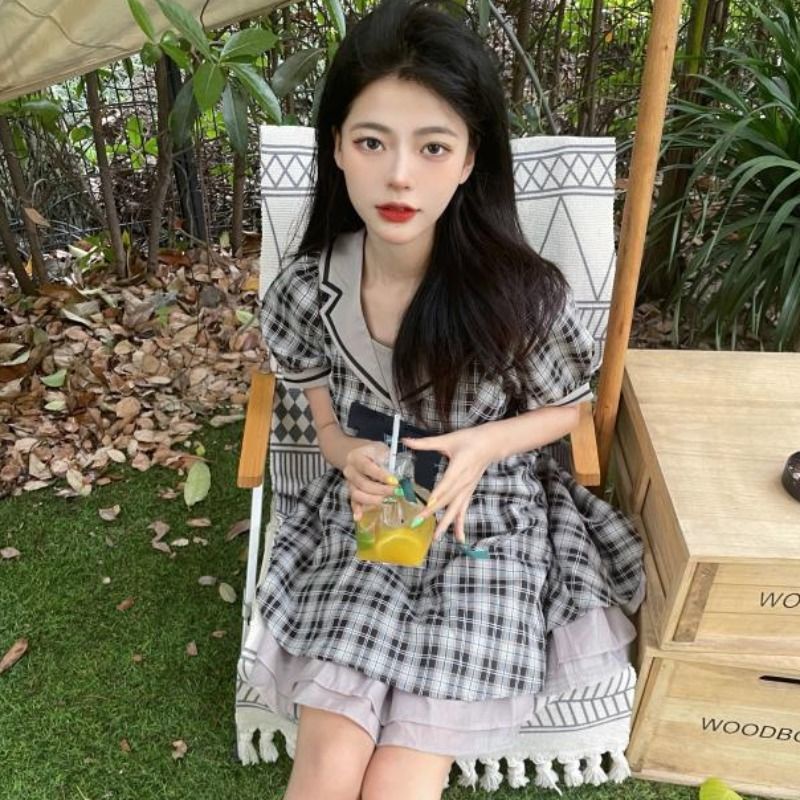 Đầm Ngắn Tay Cổ Thủy Thủ Thắt Nơ Eo Cao Phong Cách Preppy Nhật Bản Mùa Hè Cho Học Sinh