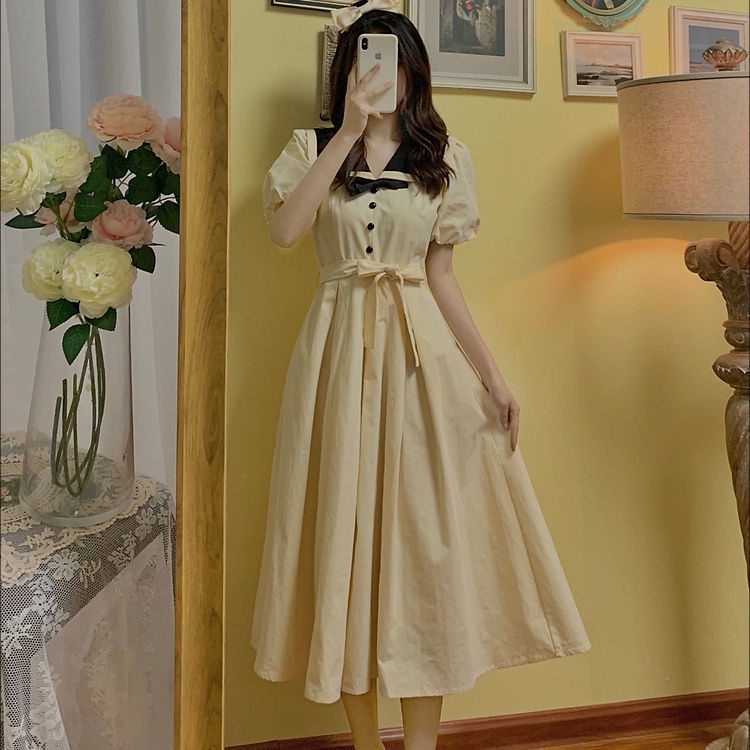 Đầm Dài Cổ Thủy Thủ Ôm Eo Thoải Mái Phong Cách Retro Pháp Ngọt Ngào Cho Nữ