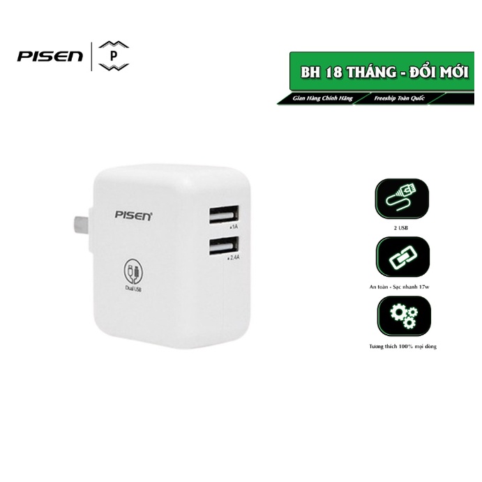 Sạc Pisen Dual Port 2.4A -Sạc 2 cổng USB-A hỗ trợ sạc nhanhổng công suất đầu ra 17W