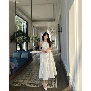 (T'achi) Đầm midi yếm cổ đính cườm không tay viền lọn bèo trắng