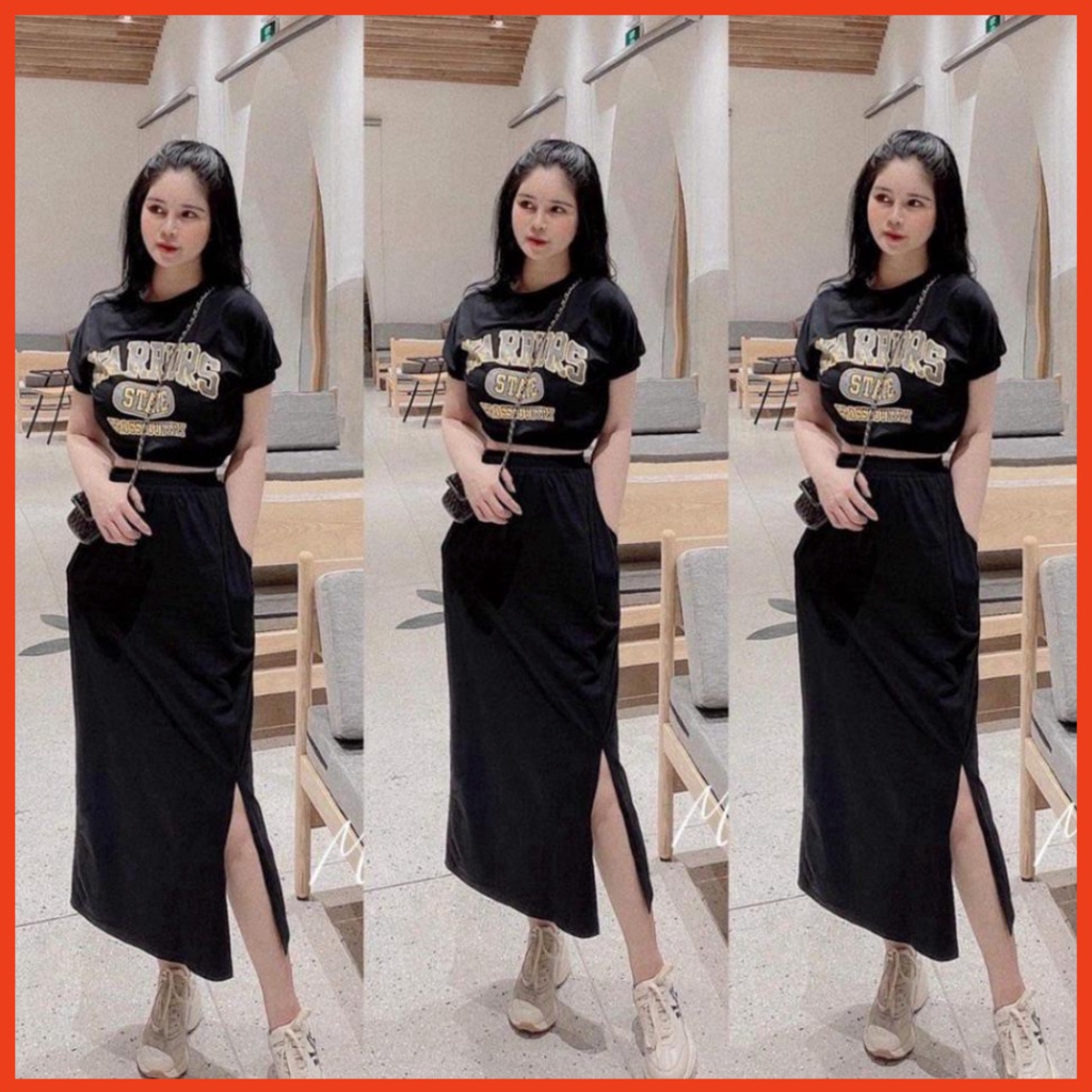 Bộ Chân Váy Áo Nữ WARRIORS , Áo Váy Nữ Xẻ Vạt Chất Cotton 3 Màu X038 trang stores