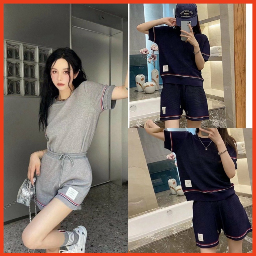 Set Bộ Áo Thun Quần Short Nữ Viền Sọc Vải Tổ Ong 3 Màu - Áo Thun Cộc Tay Quần Đùi Dáng Rộng X0154 trang stores