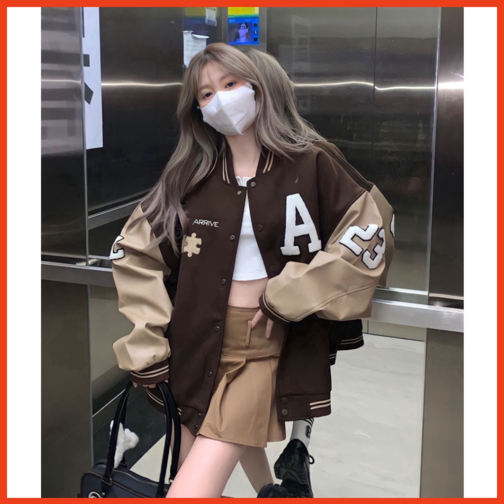 Áo Bomber Nỉ Unisex A23 Tay Phối Màu Dáng Rộng Tay Bo - Áo Khoác Màu Nâu Thêu Chữ G0319 trang stores