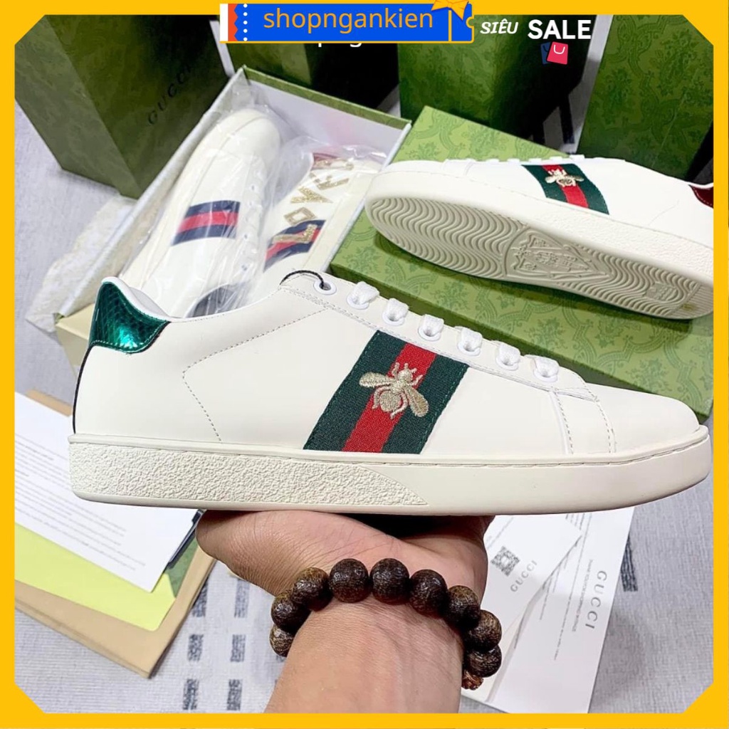 Giày Sneaker Guc.ci trắng trơn “ace” ba sọc tím đỏ, Giầy Thể Thao Guc.ci Full phụ kiện