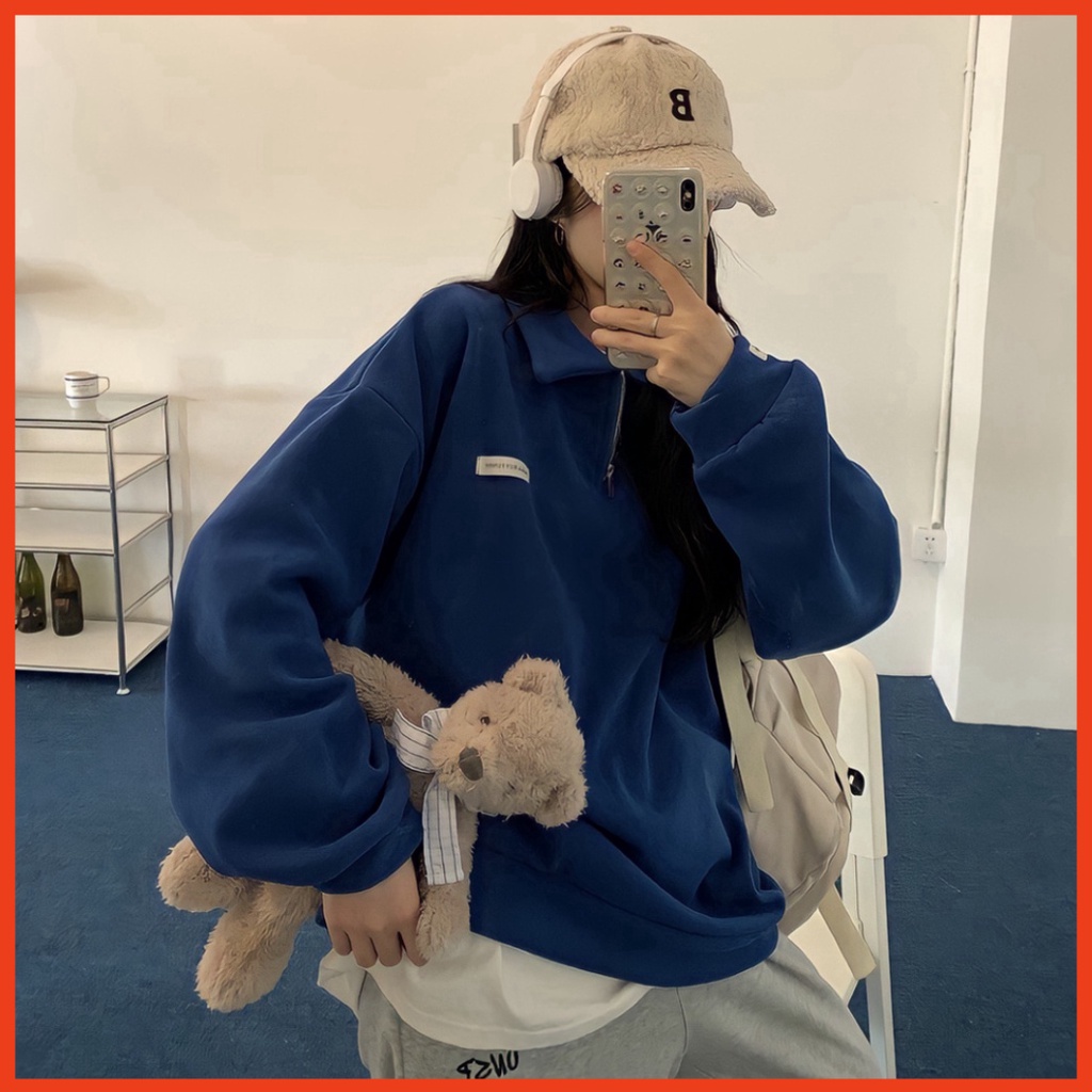 Áo Nam Nữ Sweater Zip Unisex Nỉ Ngoại Màu Xanh Logo Ngực Cổ Cao - Áo Thun Dáng Thụng G0247 trang stores