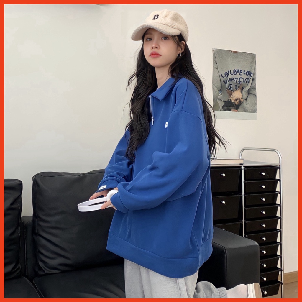 Áo Nam Nữ Sweater Zip Unisex Nỉ Ngoại Màu Xanh Logo Ngực Cổ Cao - Áo Thun Dáng Thụng G0247 trang stores