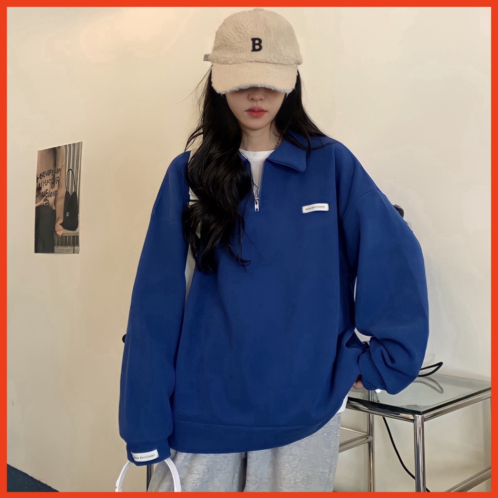 Áo Nam Nữ Sweater Zip Unisex Nỉ Ngoại Màu Xanh Logo Ngực Cổ Cao - Áo Thun Dáng Thụng G0247 trang stores