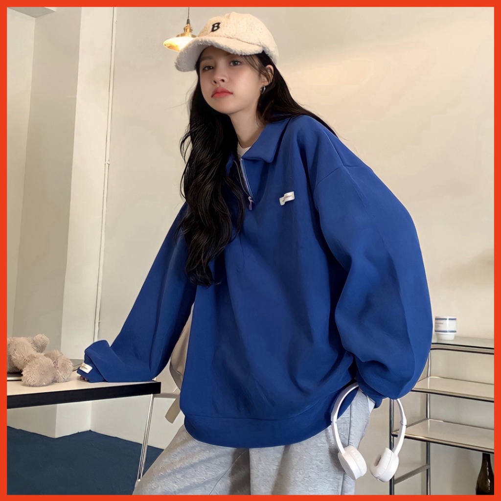 Áo Nam Nữ Sweater Zip Unisex Nỉ Ngoại Màu Xanh Logo Ngực Cổ Cao - Áo Thun Dáng Thụng G0247 trang stores