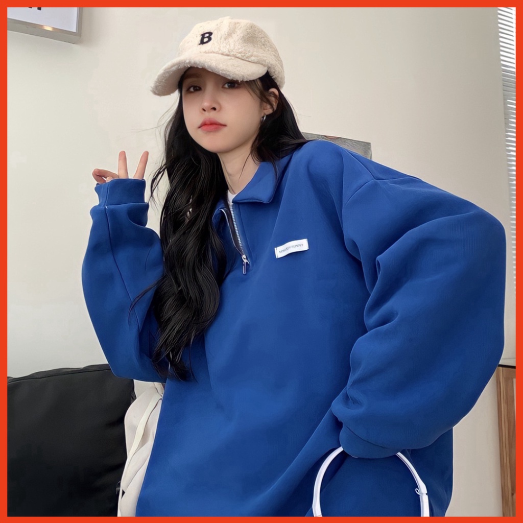 Áo Nam Nữ Sweater Zip Unisex Nỉ Ngoại Màu Xanh Logo Ngực Cổ Cao - Áo Thun Dáng Thụng G0247 trang stores