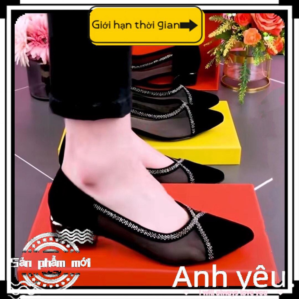Giày Búp Bê Da Mềm Gót Thấp Mũi Nhọn Đính Đá Phối Lưới Thời Trang Cho Nữ