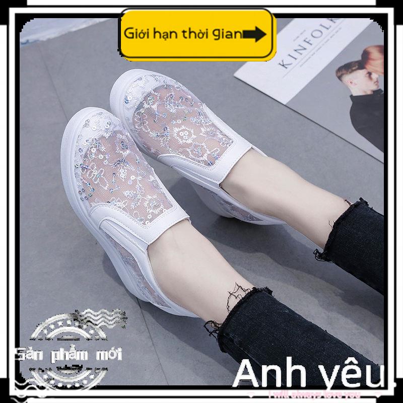 Giày Loafer Tăng Chiều Cao Phối Ren Đính Kim Sa Thoáng Khí Thoải Mái Thời Trang Cho Nữ