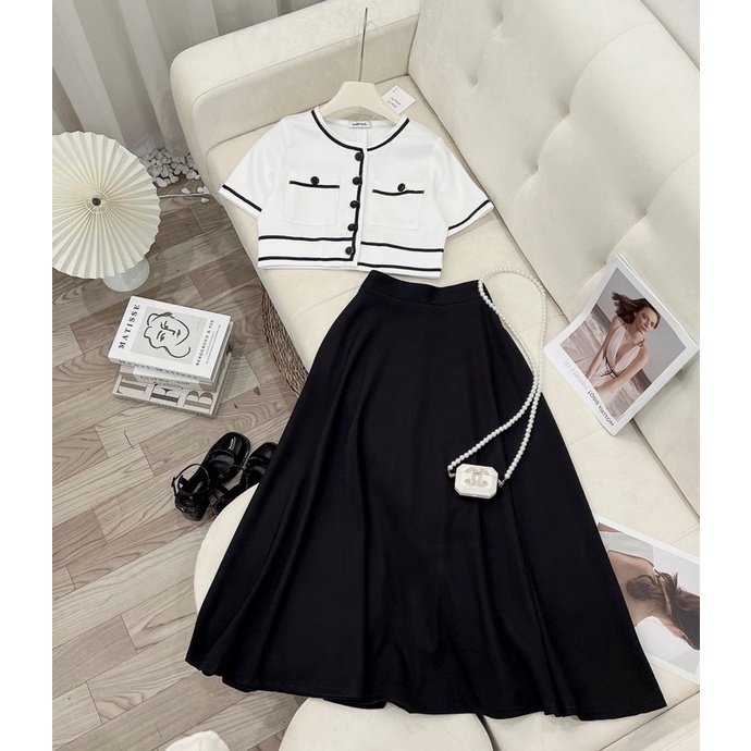 Set Áo Dạ Tweed Trắng Mix Chân Váy Midi Đen Dáng Dài Kèm Ảnh Thật