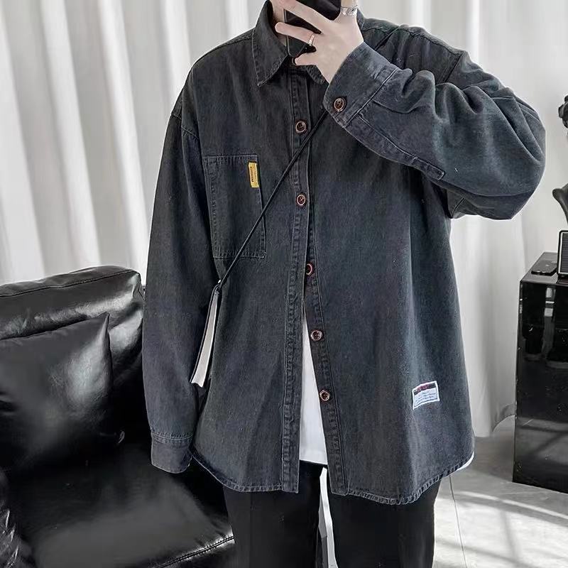 Áo Sơ Mi Denim Tay Dài Dáng Rộng Màu Đen Thời Trang Xuân Thu Cho Nam Giới Có Size Lớn