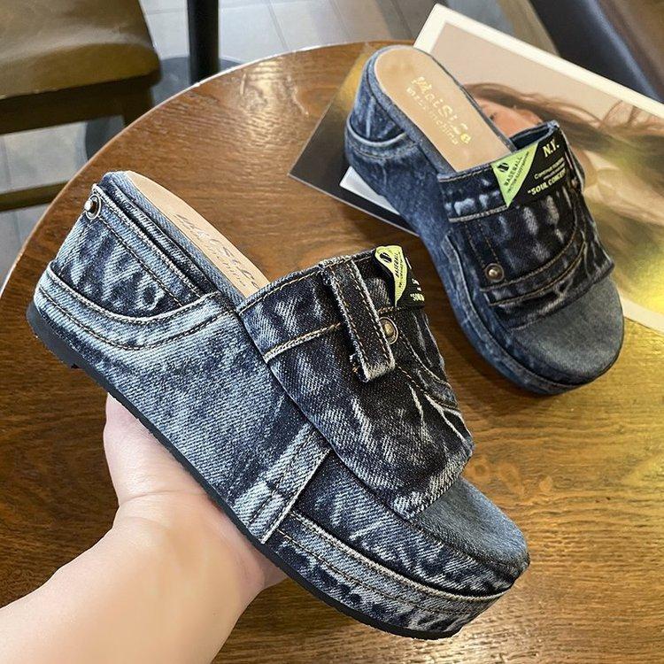Dép Quai Ngang Vải Denim Đế Xuồng Dày Phong Cách Mới Mùa Hè 2023