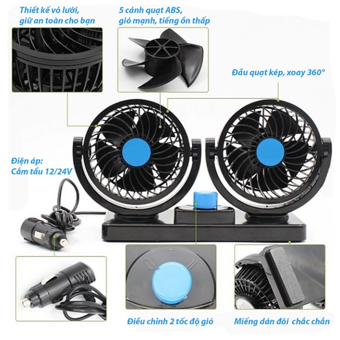 Quạt mini ô tô cắm tẩu 24v, máy làm mát ô tô tải xoay 360 độ