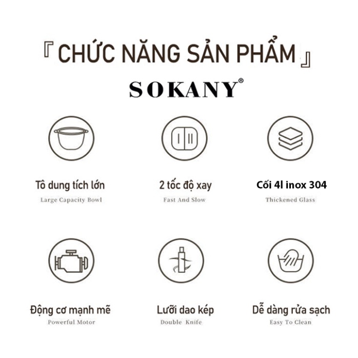 Máy xay thịt cối inox 304 4 lít công suất lớn 800W SOKANY