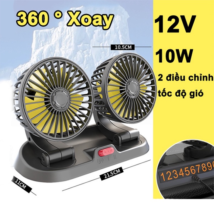 Quạt ô tô đôi nguồn usb 5v, 12v/24v, xoay 360 độ, quạt để bàn làm việc có bảng số điện thoại ô tô