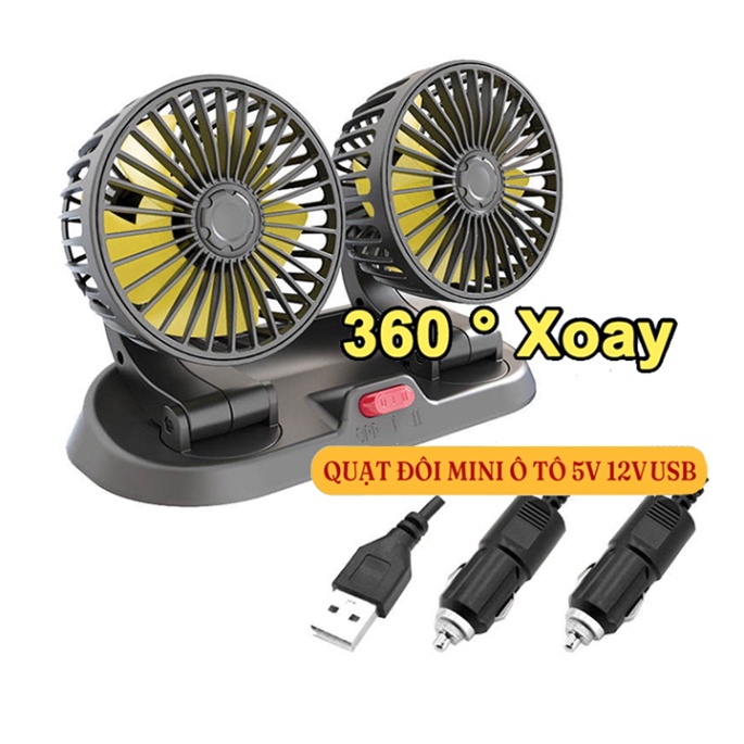 Quạt ô tô đôi nguồn usb 5v, 12v/24v, xoay 360 độ, quạt để bàn làm việc có bảng số điện thoại ô tô