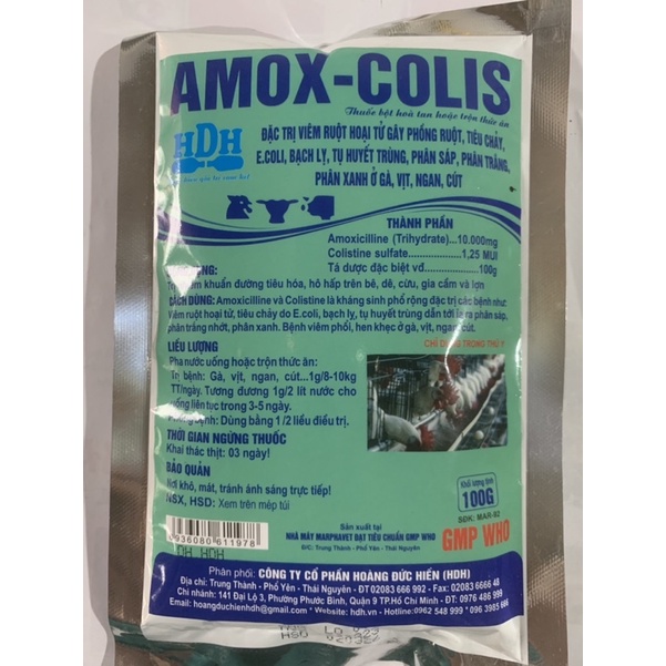 Amox-colis 100g Tiêu chảy, phân xanh phân trắng, tụ huyết trùng, toi,rù