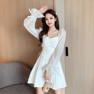 Váy cổ vuông tay tay voan kính đan dây bên hai bên [Ảnh thật 3-8]