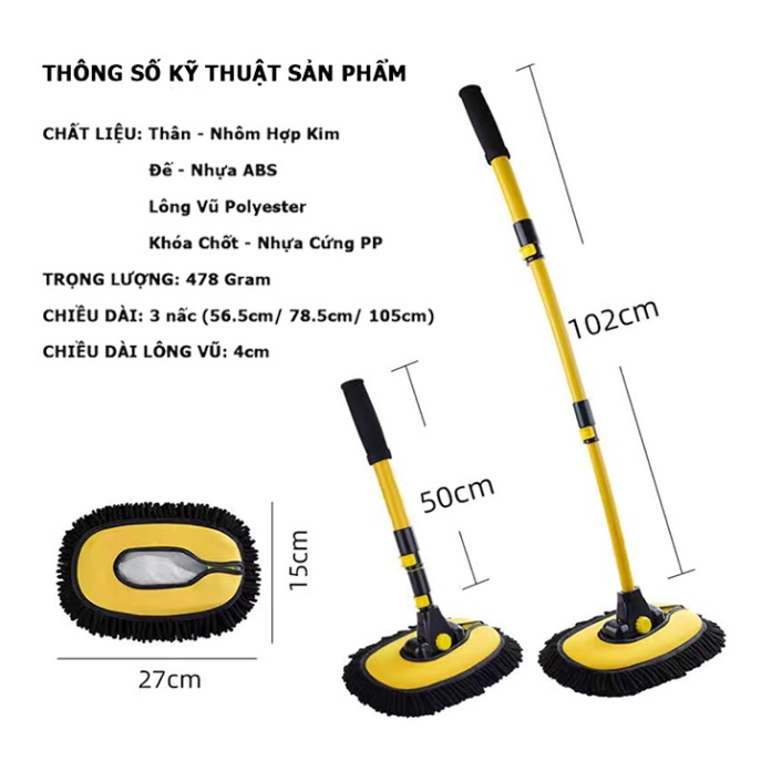 Chổi lau rửa xe hơi cán dài 3 đốt gấp họn