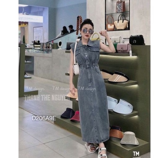 Váy Jeans Sát Nách Dáng Dài ,Chun Lưng ,Váy Bò Sơ Mi Suông Túi Nắp ,Không Tay ,Xẻ Tà Sau ,Phong Cách Hàn Quốc