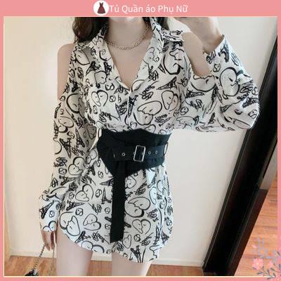 O S Mi N L A M Qu C Quy N Áo Sơ Mi Trễ Vai Dáng Rộng Tay Dài Vừa Kích Thước Trung Bình + Thắt Lưng Ôm Eo Phong Cách Hàn Quốc Mùa Hè
