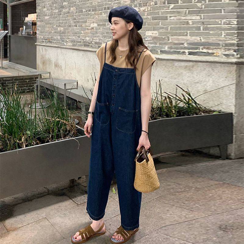 * Qu * Qu n Y m Áo Liền Quần Yếm Denim Dáng Rộng Phong Cách Retro Mùa Xuân Thu Dành Cho Phụ Nữ Lớn mm Slimmer Look