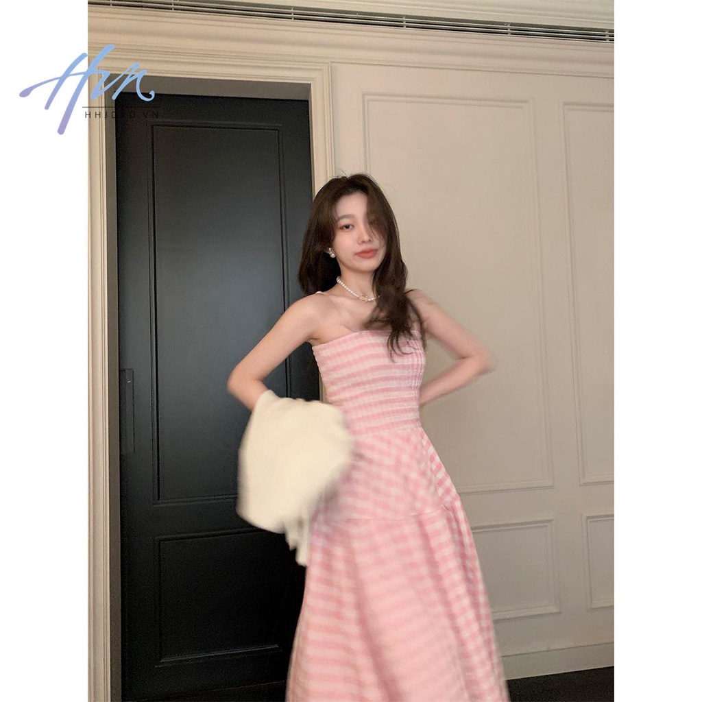 Đầm Dài Hai Dây Ôm Eo Mềm Mại Họa Tiết Sọc Caro Màu Hồng Phong Cách Nhật Bản Ngọt Ngào Cho Nữ