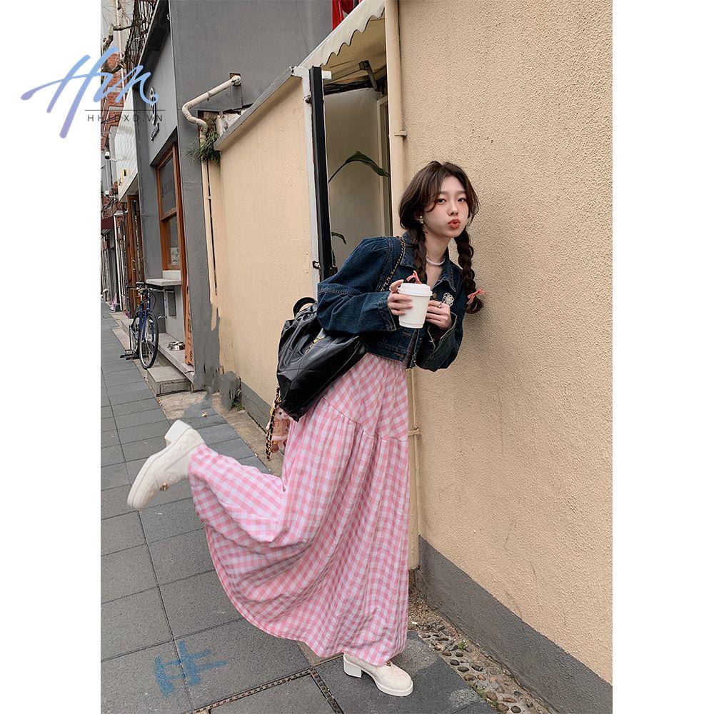 Đầm Dài Hai Dây Ôm Eo Mềm Mại Họa Tiết Sọc Caro Màu Hồng Phong Cách Nhật Bản Ngọt Ngào Cho Nữ