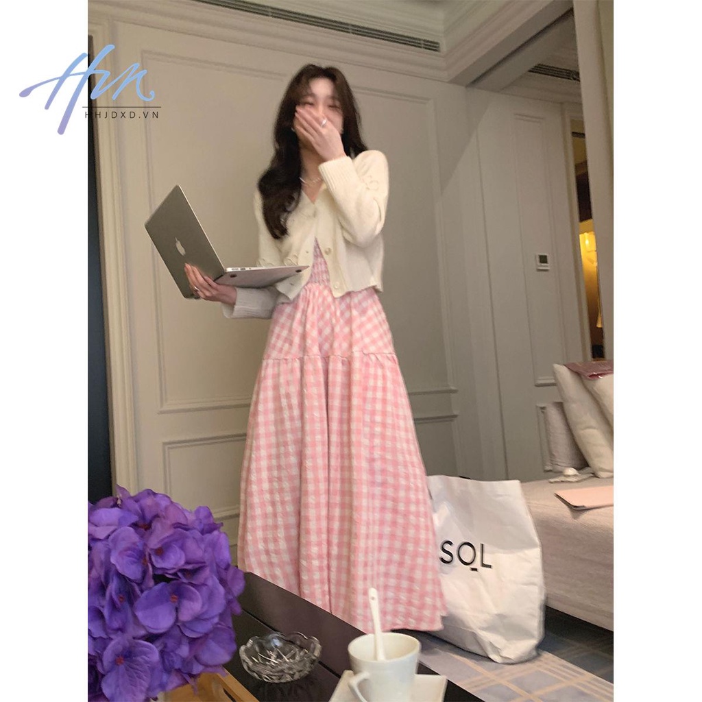 Đầm Dài Hai Dây Ôm Eo Mềm Mại Họa Tiết Sọc Caro Màu Hồng Phong Cách Nhật Bản Ngọt Ngào Cho Nữ