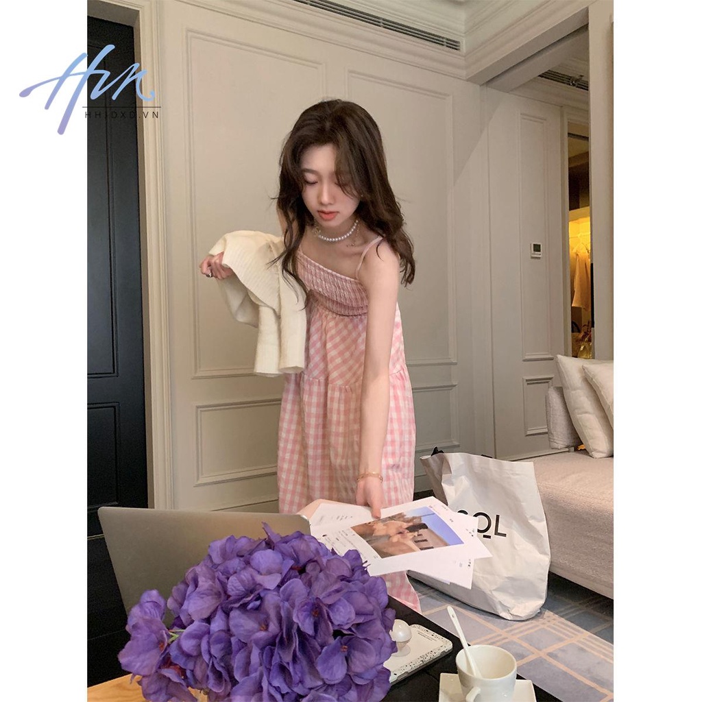 Đầm Dài Hai Dây Ôm Eo Mềm Mại Họa Tiết Sọc Caro Màu Hồng Phong Cách Nhật Bản Ngọt Ngào Cho Nữ