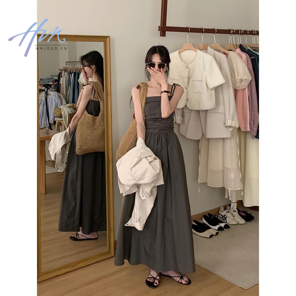 Đầm Dài Xếp Ly Màu Xám Đậm Phong Cách Hepburn Thời Trang Mùa Hè Pháp Hàng Mới 2023 Dành Cho Bạn Nữ