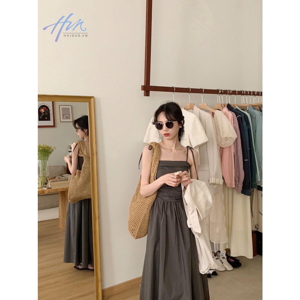 Đầm Dài Xếp Ly Màu Xám Đậm Phong Cách Hepburn Thời Trang Mùa Hè Pháp Hàng Mới 2023 Dành Cho Bạn Nữ